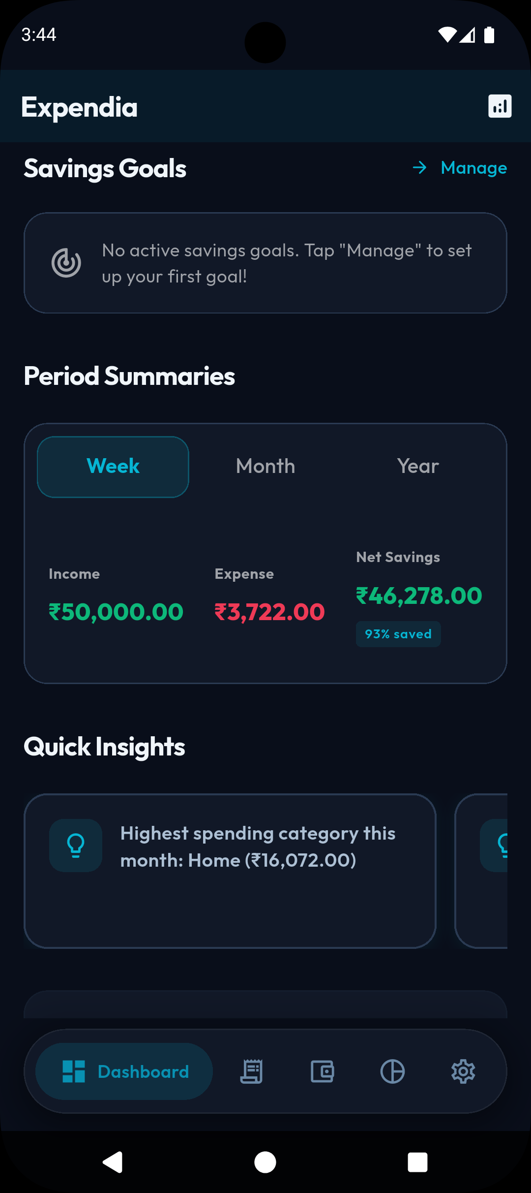 Expendia Transaction Ledger showing a clear chronological statement of inflows, outflows, and custom category filter tags